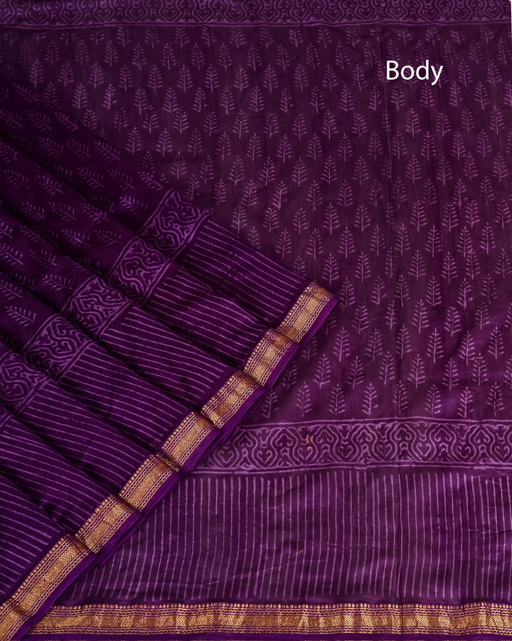 Pure Maheshwari Silk Saree Handblock Printed Saree - Dark Purple