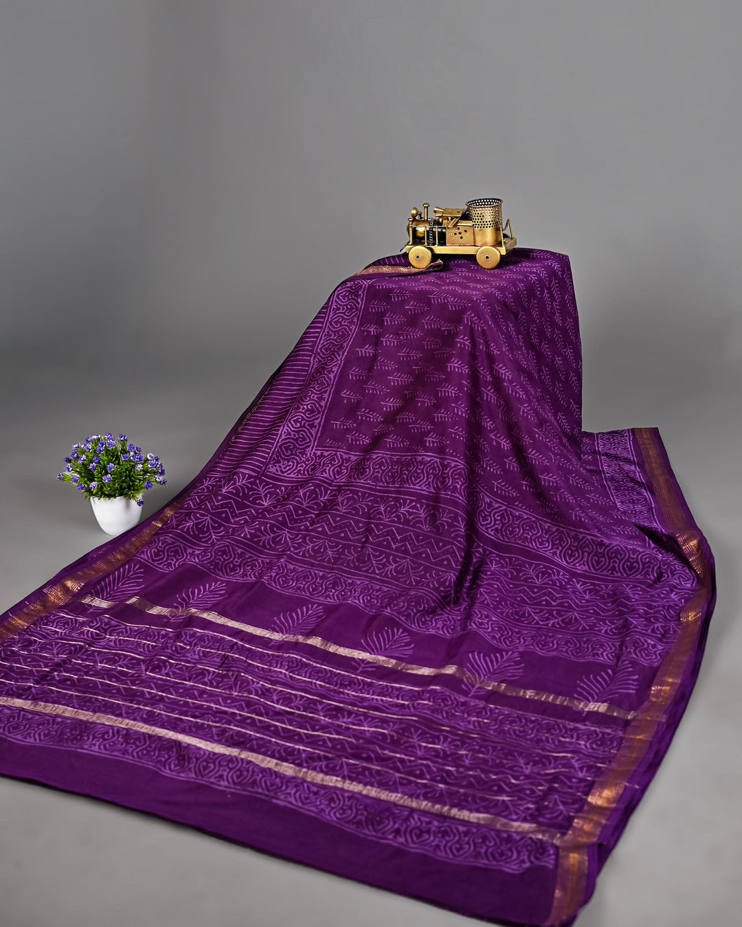 Pure Maheshwari Silk Saree Handblock Printed Saree - Dark Purple