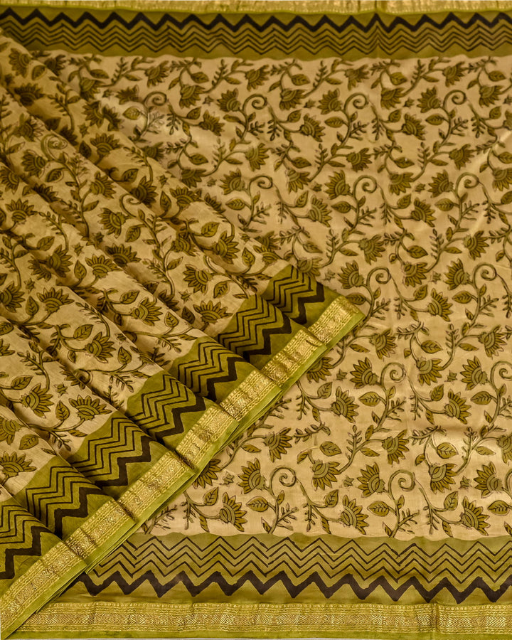Vanaspati Pure Maheshwari Silk Saree Handblock Printed Saree - Light green