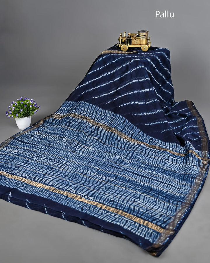 Shibori Pure Maheshwari Silk Handblock Printed Saree - Blue Lehariya