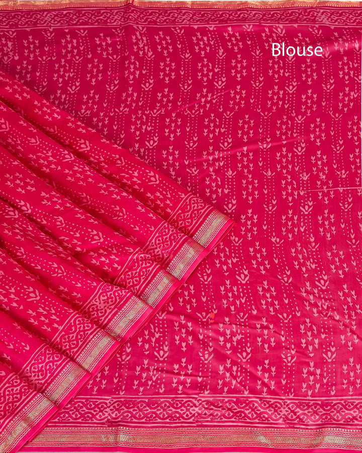 Daabu Pure Maheshwari Silk Saree Handblock Printed Saree - Hot Pink