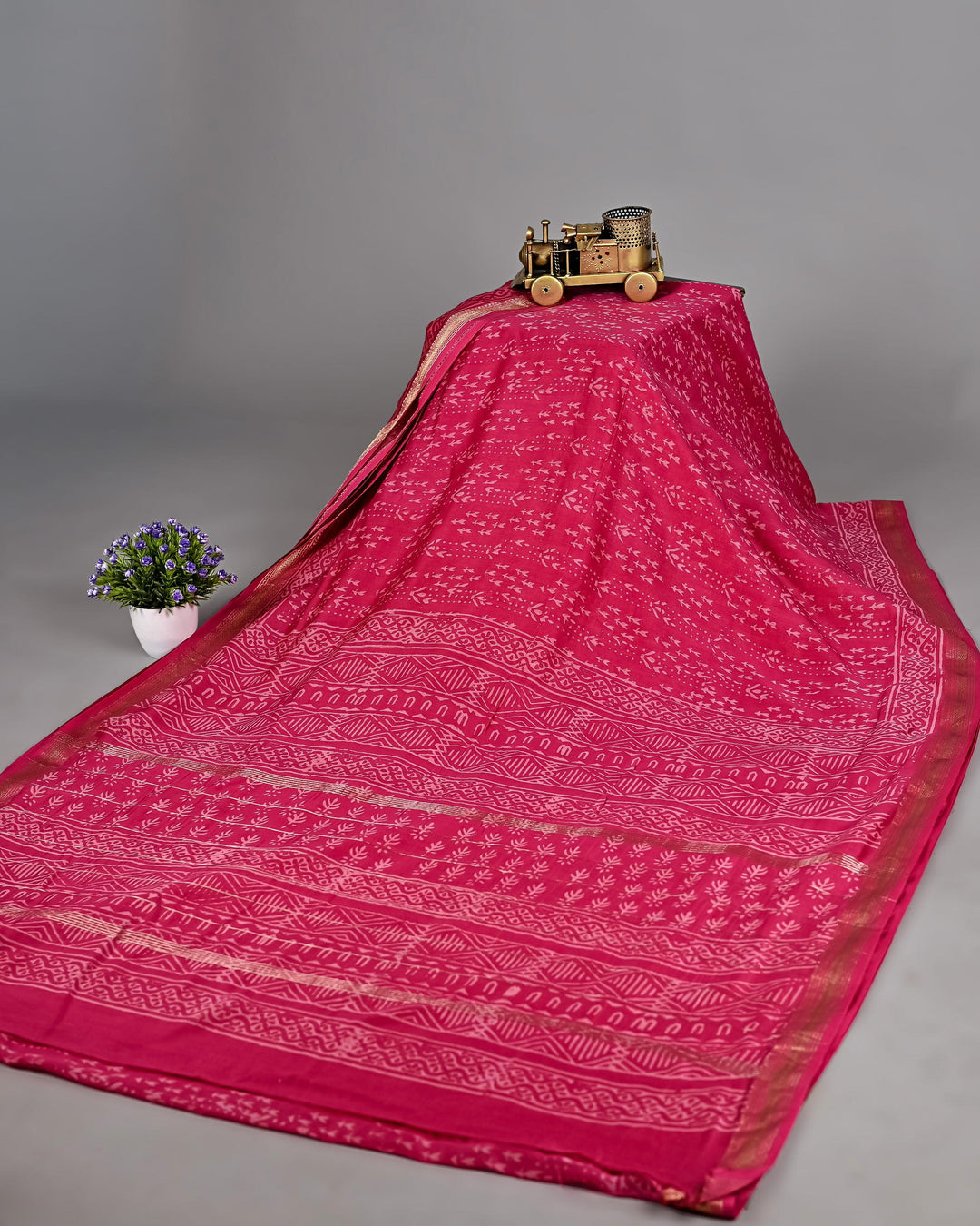 Daabu Pure Maheshwari Silk Saree Handblock Printed Saree - Hot Pink