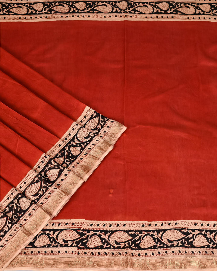 Putaai Pure Maheshwari Silk Saree Handblock Printed Saree - Red and Black