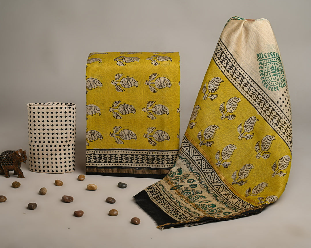 Sunshine Yellow Chanderi Silk Bagru Print Suit with Paisley Butta & Dot Pattern