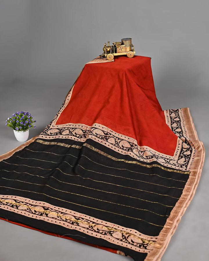 Putaai Pure Maheshwari Silk Saree Handblock Printed Saree - Red and Black
