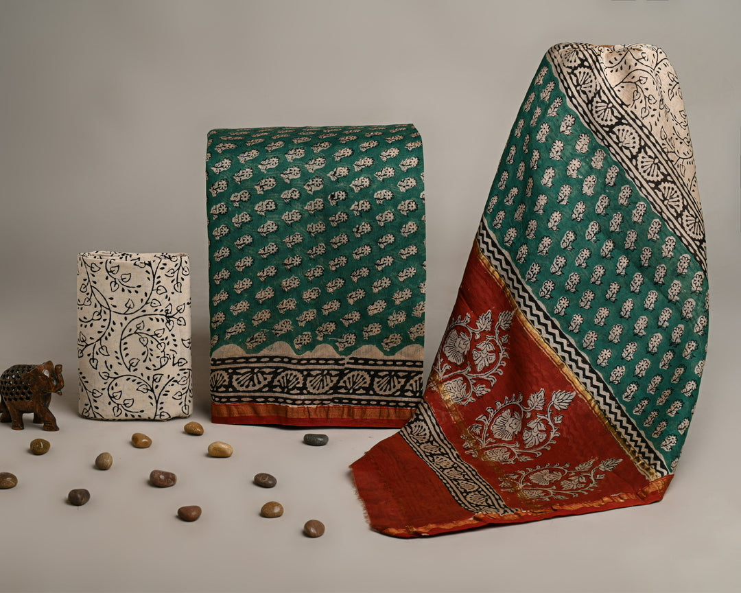 Deep Forest Green & Rust Red Chanderi Silk Suit with Traditional Bagru Floral Print