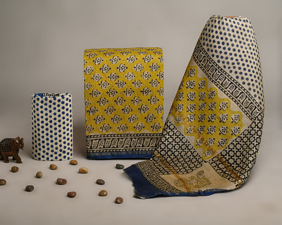 Vibrant Yellow & Royal Blue Polka Dot Style Bagru Handblock Printed Chanderi Suit