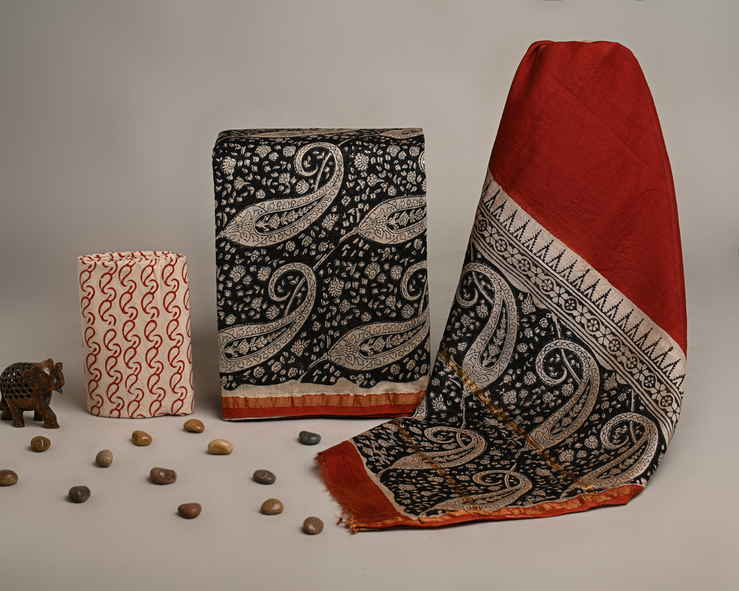 Jet Black and Crimson Red Bagru Handblock Printed Chanderi Silk Suit Set with Paisley Jaal