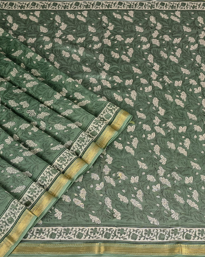 Pure Maheshwari Silk Saree Handblock Printed Saree - Teal Green