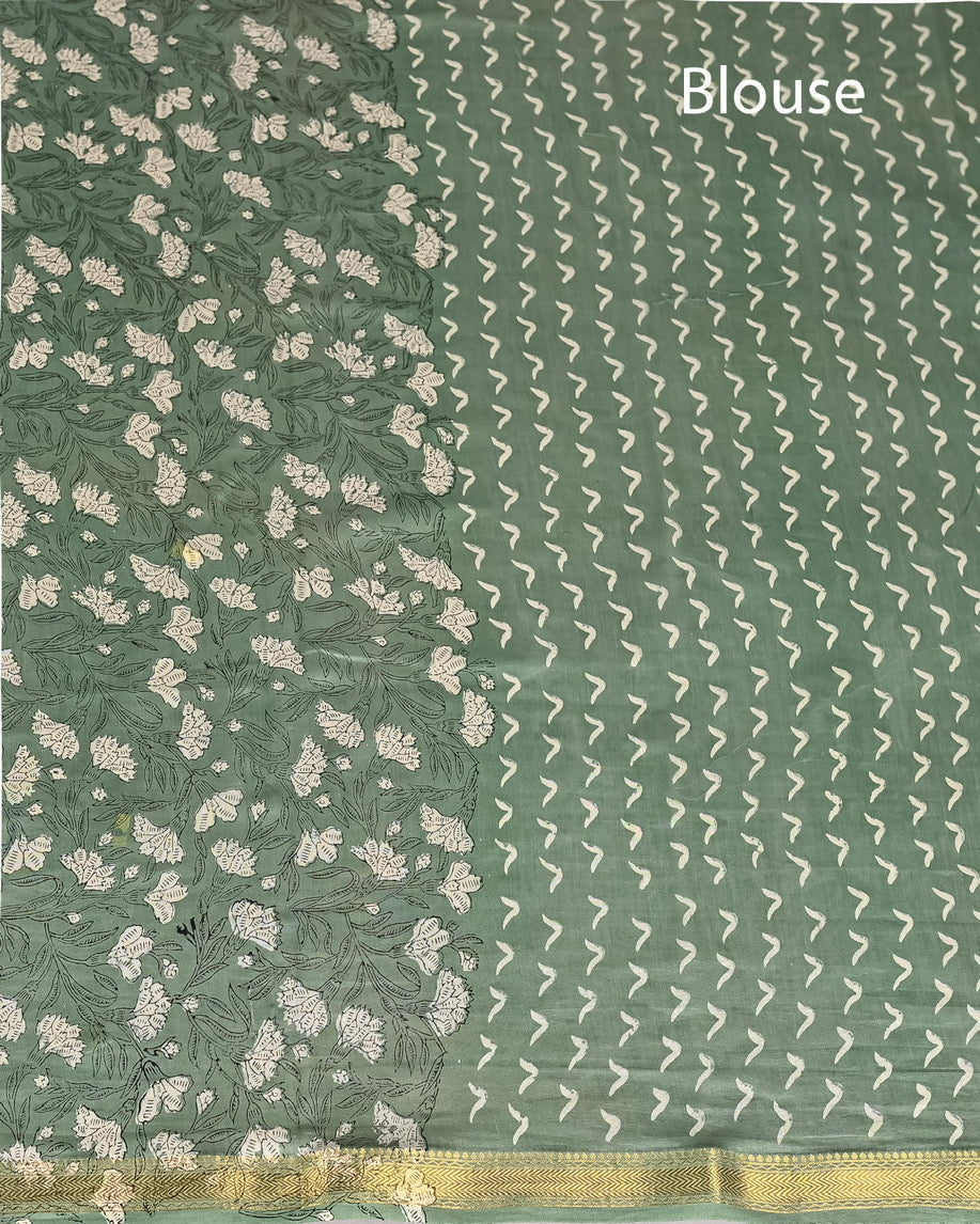 Pure Maheshwari Silk Saree Handblock Printed Saree - Teal Green