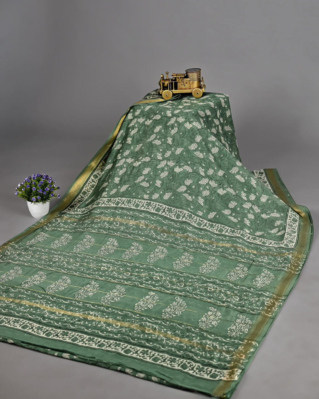 Pure Maheshwari Silk Saree Handblock Printed Saree - Teal Green