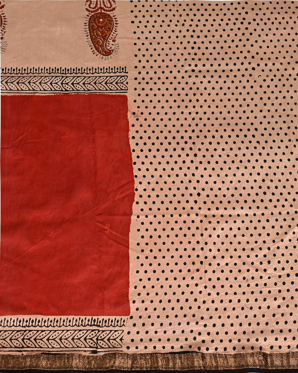 Traditional Pure Maheshwari Silk Handblock Printed Saree - Red Cream