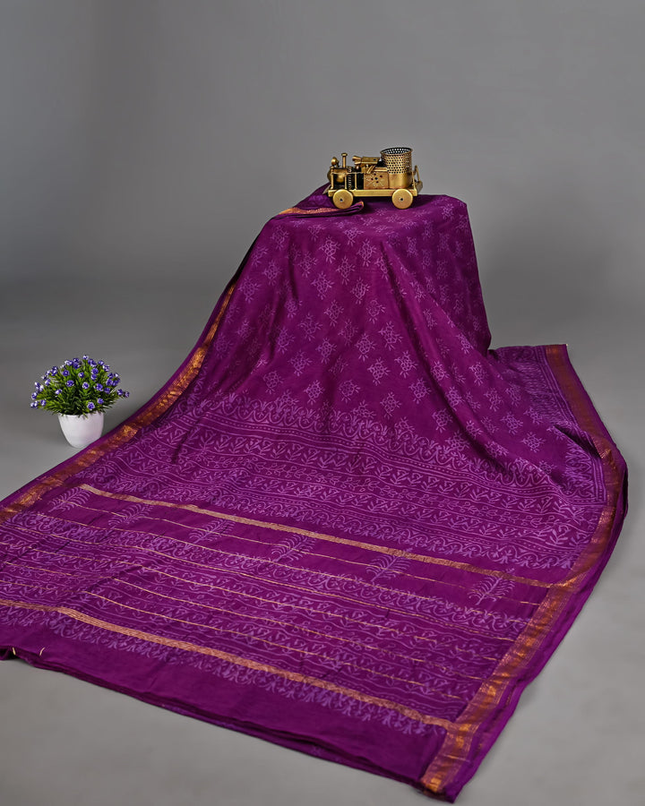 Polka Dots Pure Maheshwari Silk Saree Handblock Printed Saree - Purple