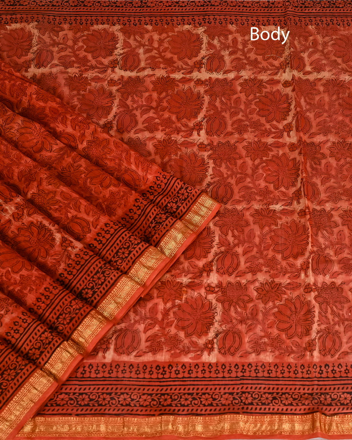Vanaspati Ajrakh Pure Maheshwari Silk Saree Handblock Printed Saree - Red