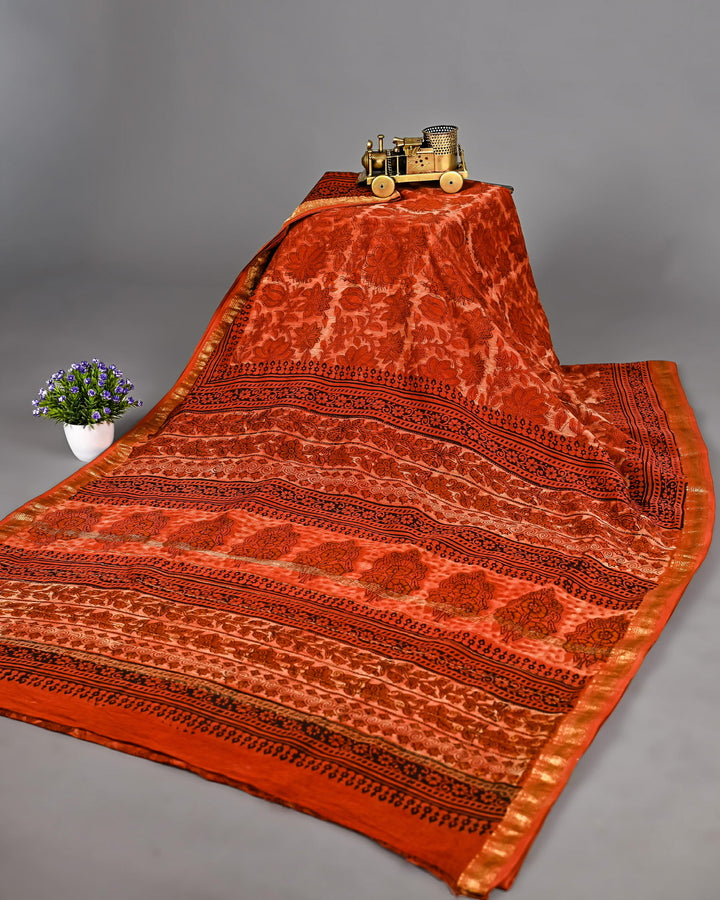 Vanaspati Ajrakh Pure Maheshwari Silk Saree Handblock Printed Saree - Red