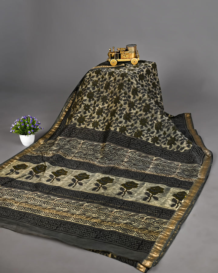 Pure Maheshwari Silk Saree Handblock Printed Saree - Vanspati Ajrakh