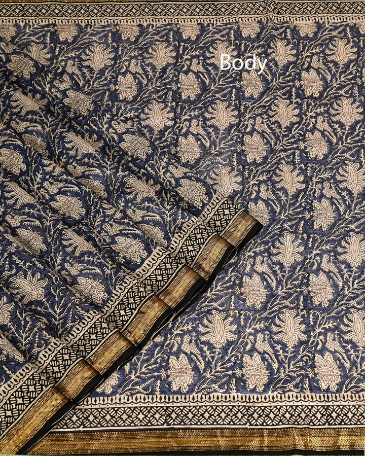 Pure Maheshwari Silk Saree Handblock Printed Saree - Blue Floral