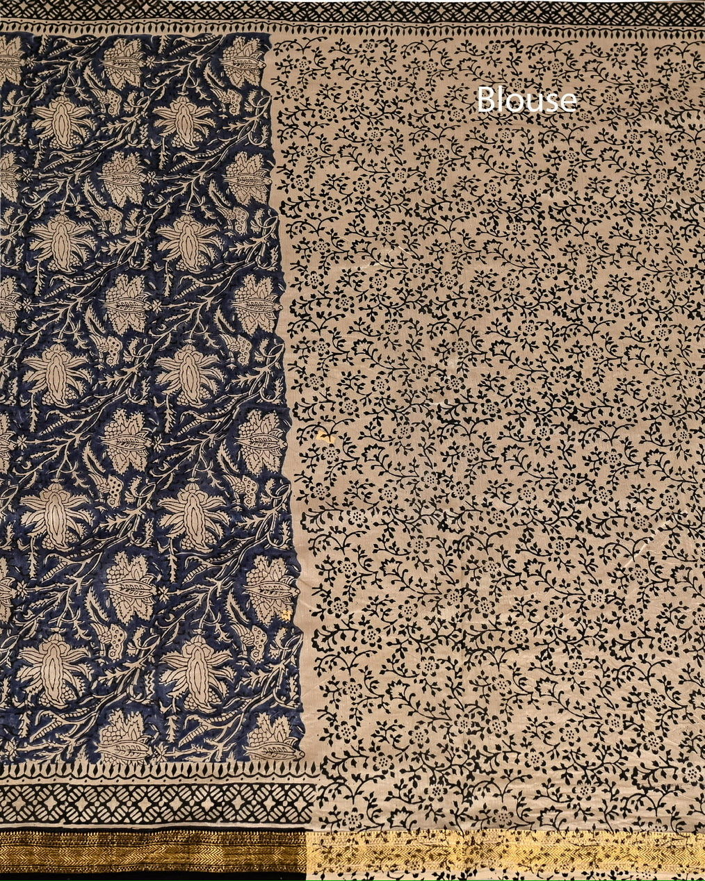 Pure Maheshwari Silk Saree Handblock Printed Saree - Blue Floral