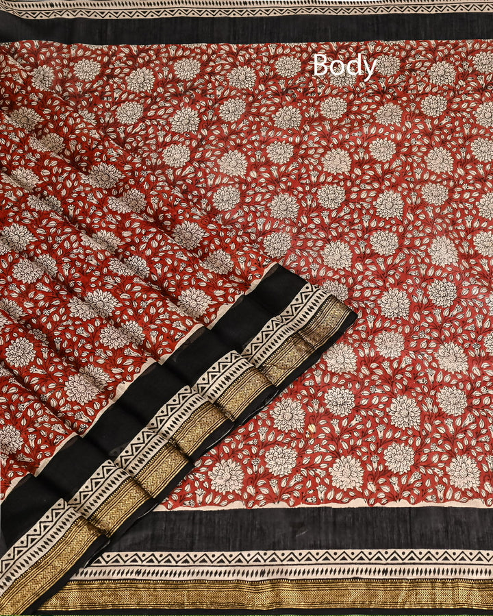 Pure Maheshwari Silk Saree Handblock Printed Saree -Maroon Jaal Print