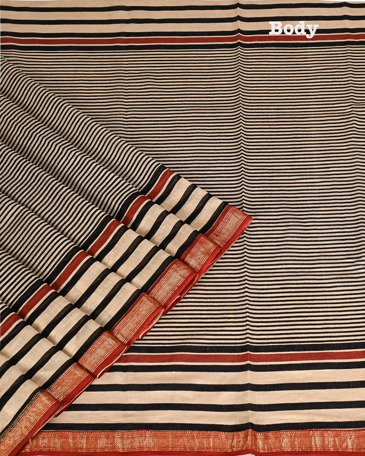 Geometrical Pure Maheshwari Silk Handblock Printed Saree - Black Stripes