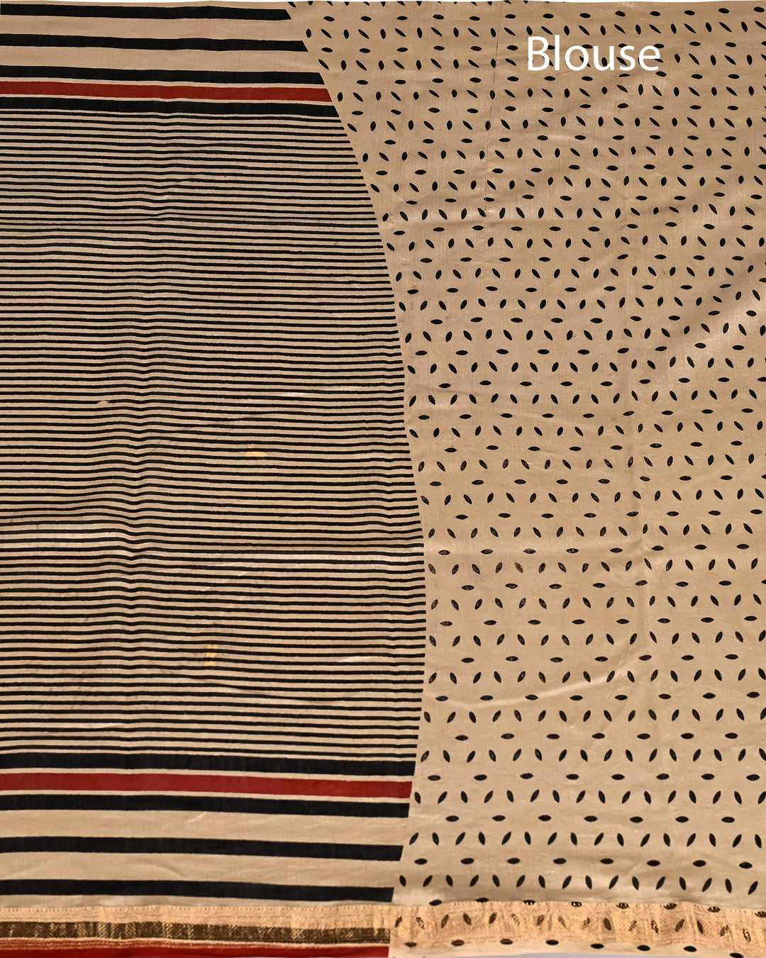 Geometrical Pure Maheshwari Silk Handblock Printed Saree - Black Stripes