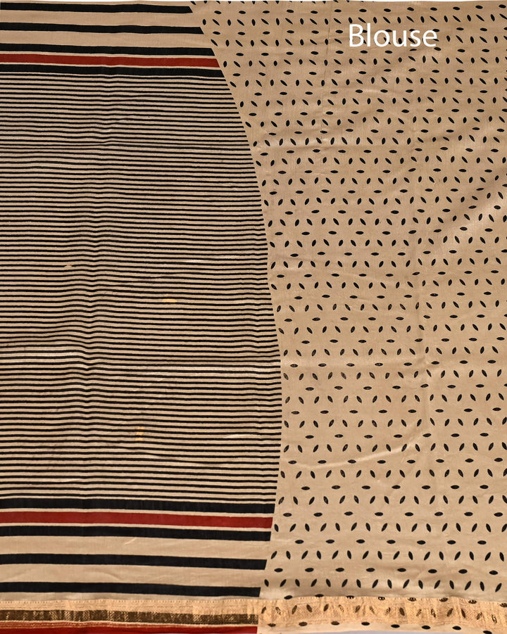 Geometrical Pure Maheshwari Silk Handblock Printed Saree - Black Stripes
