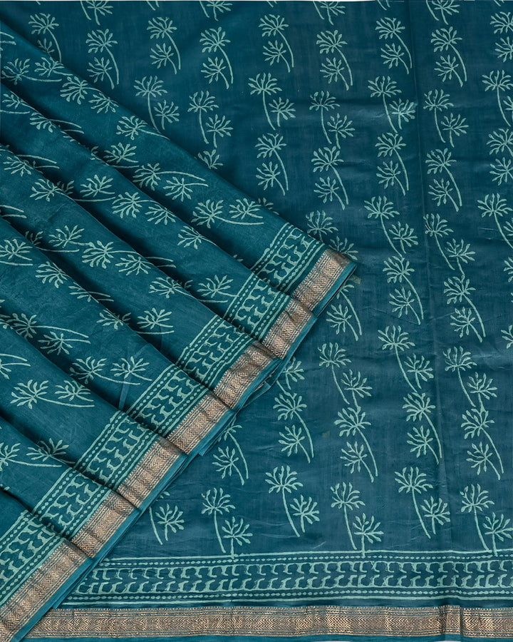 Pure Maheshwari Silk Handblock Printed Saree - Sea Green