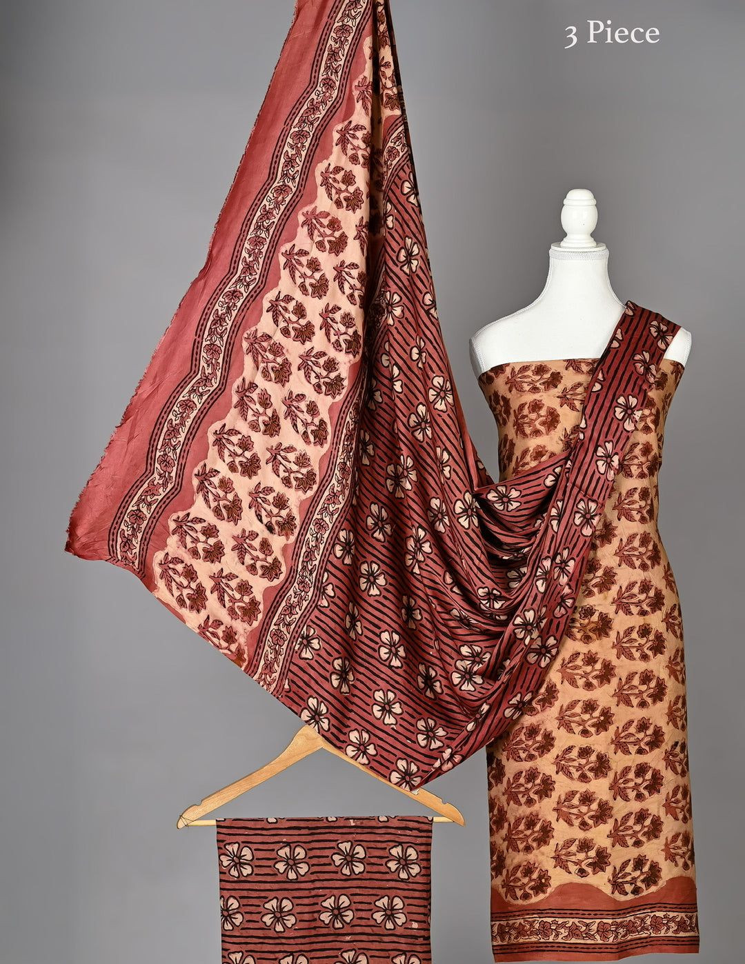 Pure Modal Silk Handblock Floral Motif Unstitched Suit Material in Terracotta & Beige