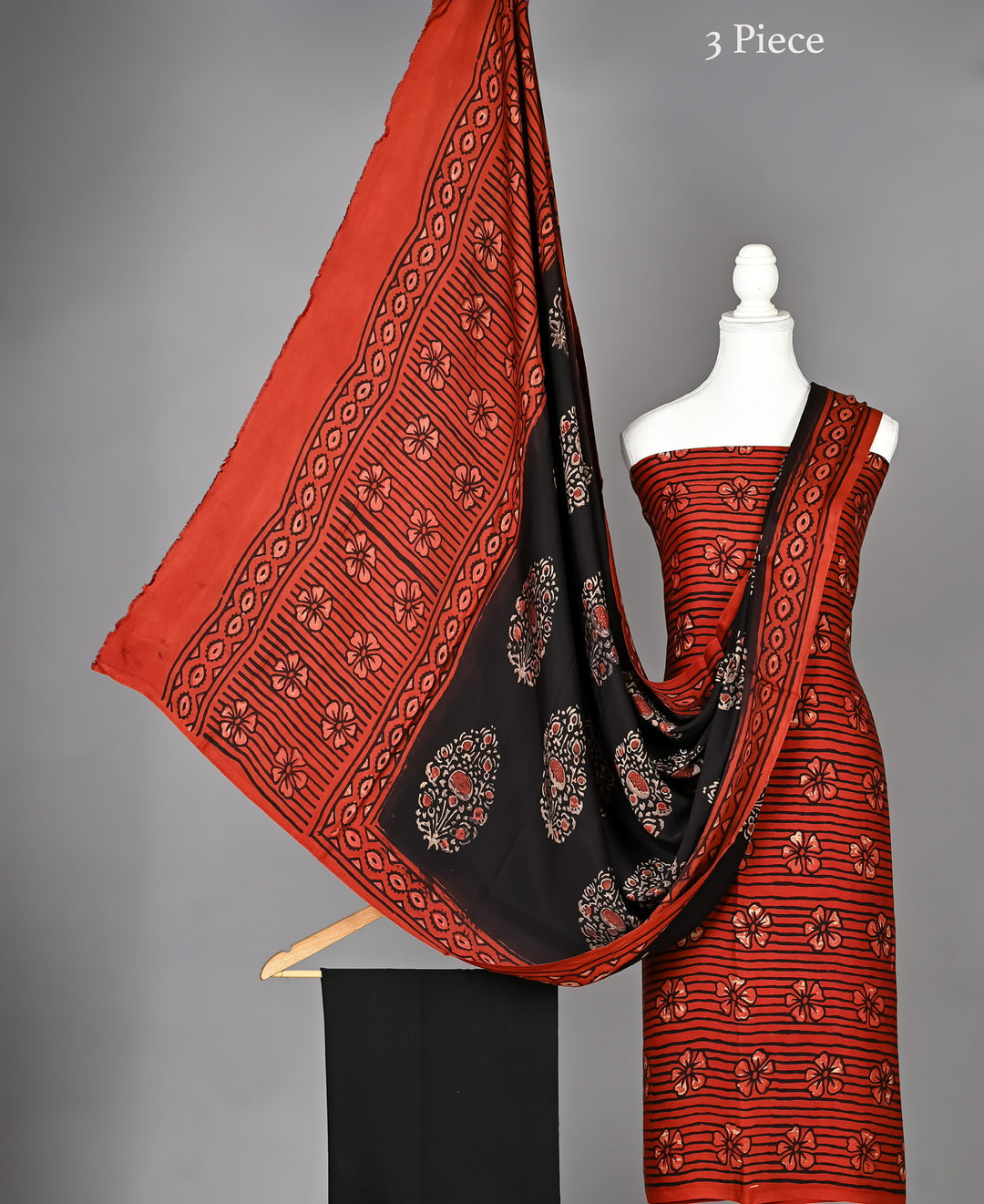 Pure Modal Silk Handblock Floral & Striped Unstitched Suit Material in Crimson Red & Black