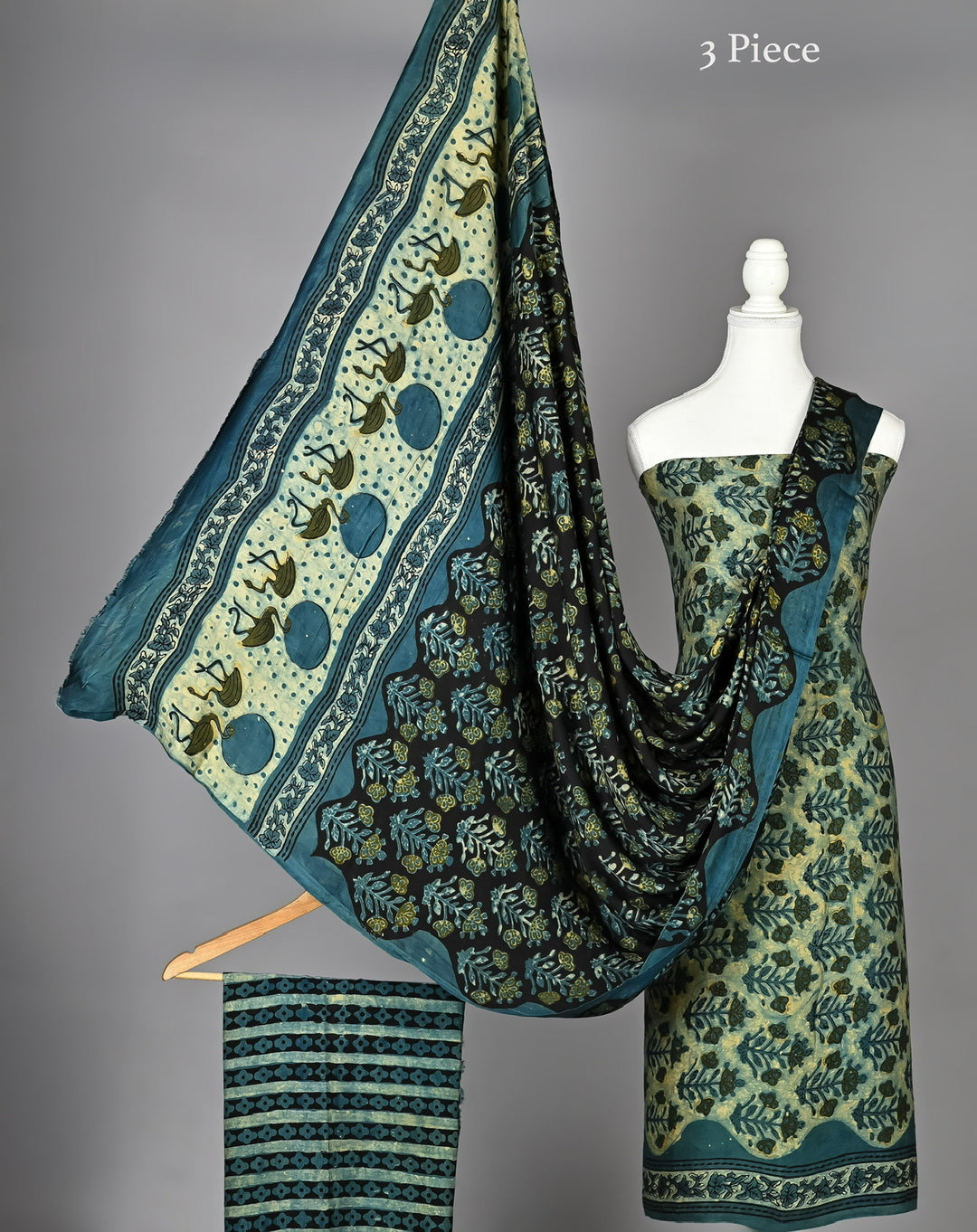 Pure Modal Silk Handblock Jaal & Motif Unstitched Suit Material in Teal Blue & Sage Green