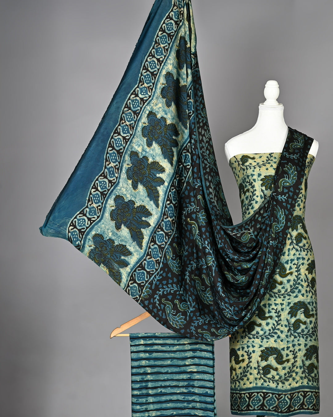 Pure Modal Silk Handblock Peacock & Floral Print Unstitched Suit Material in Ocean Blue & Olive Green