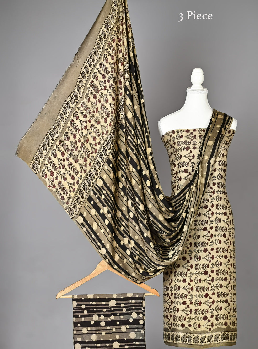 Pure Modal Silk Handblock Foliage & Polka Dot Unstitched Suit Material in Natural Beige & Charcoal Black