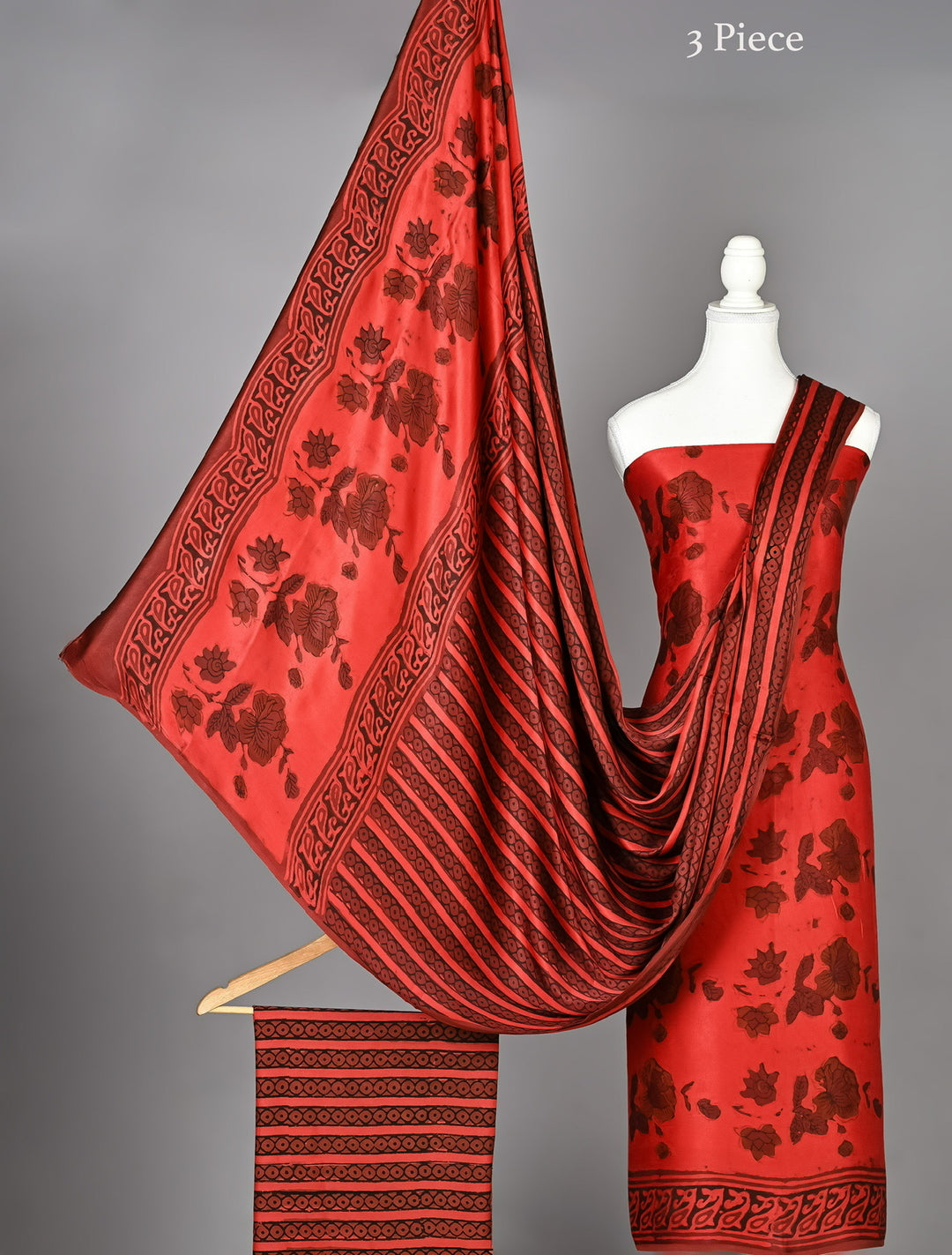 Pure Modal Silk Handblock Floral Print Unstitched Suit Material in Rich Coral Red & Maroon