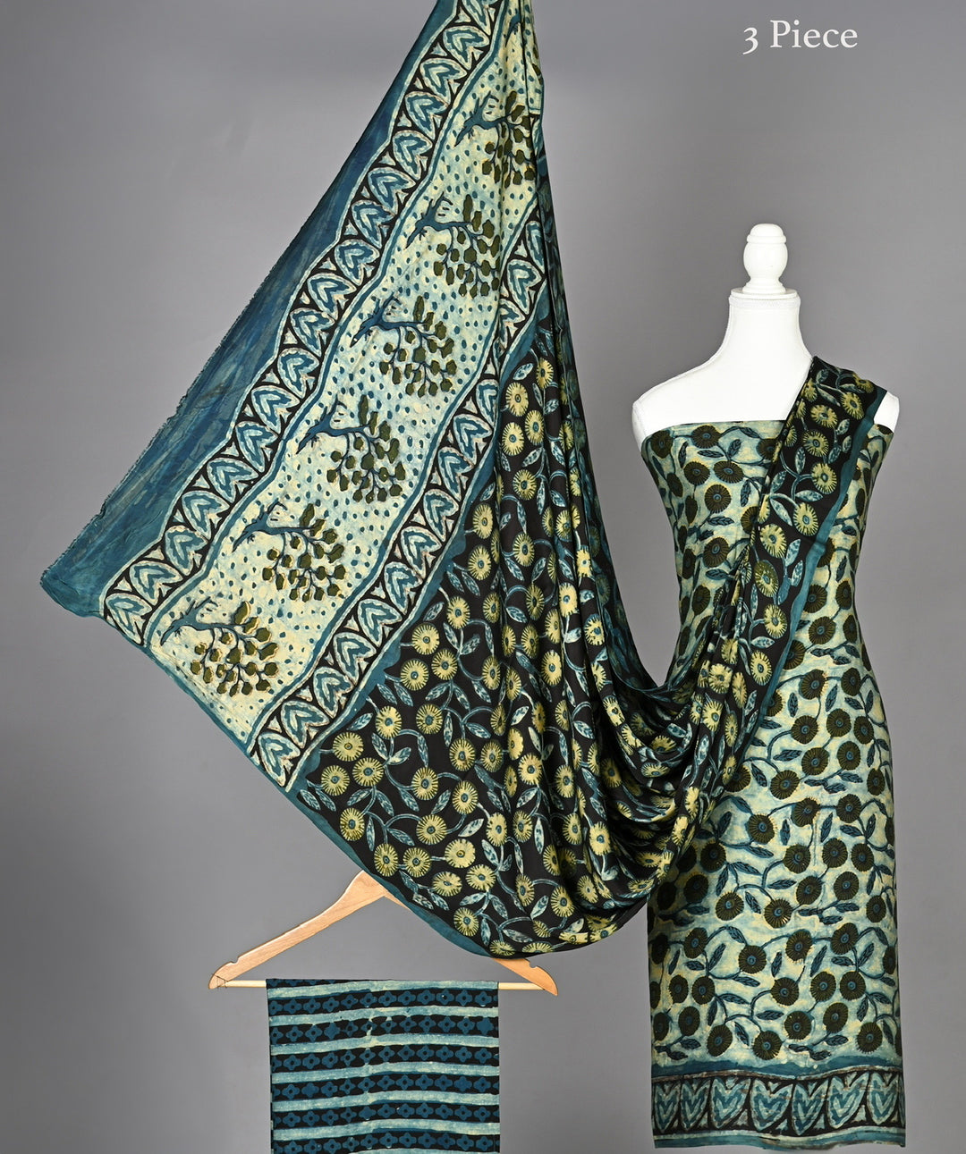 Pure Modal Silk Handblock Sunflower Print Unstitched Suit Material in Deep Sea Blue & Mustard Yellow