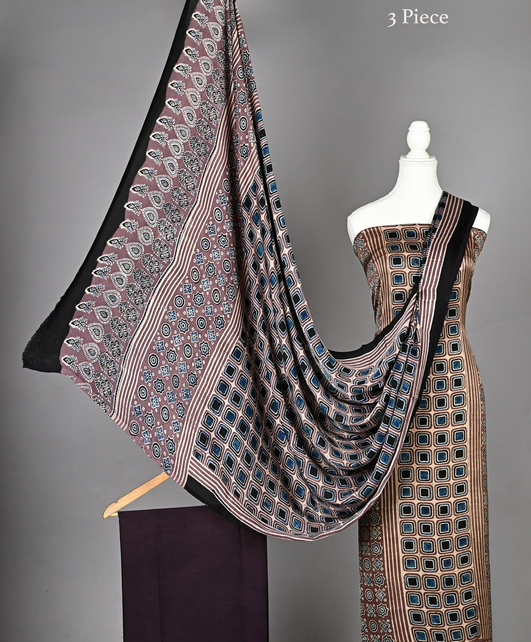 Pure Modal Silk Handblock Geometric Square & Paisley Print Unstitched Suit Material in Earthy Brown & Slate Blue