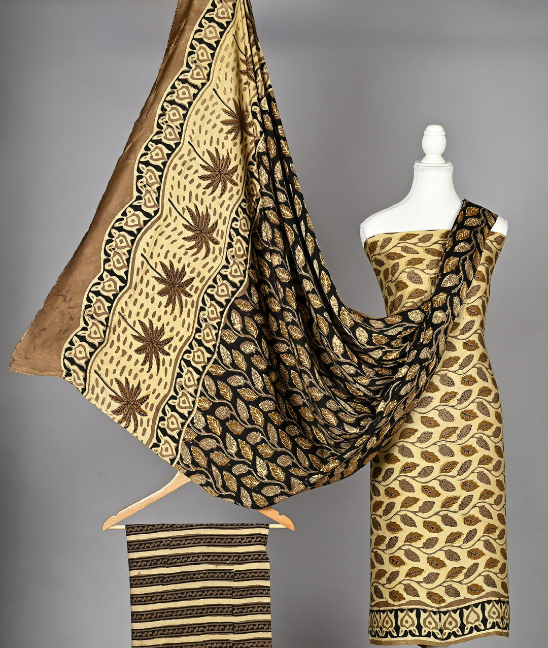 Pure Modal Silk Handblock Leaf Pattern Unstitched Suit Material in Golden Beige & Dark Olive Brown