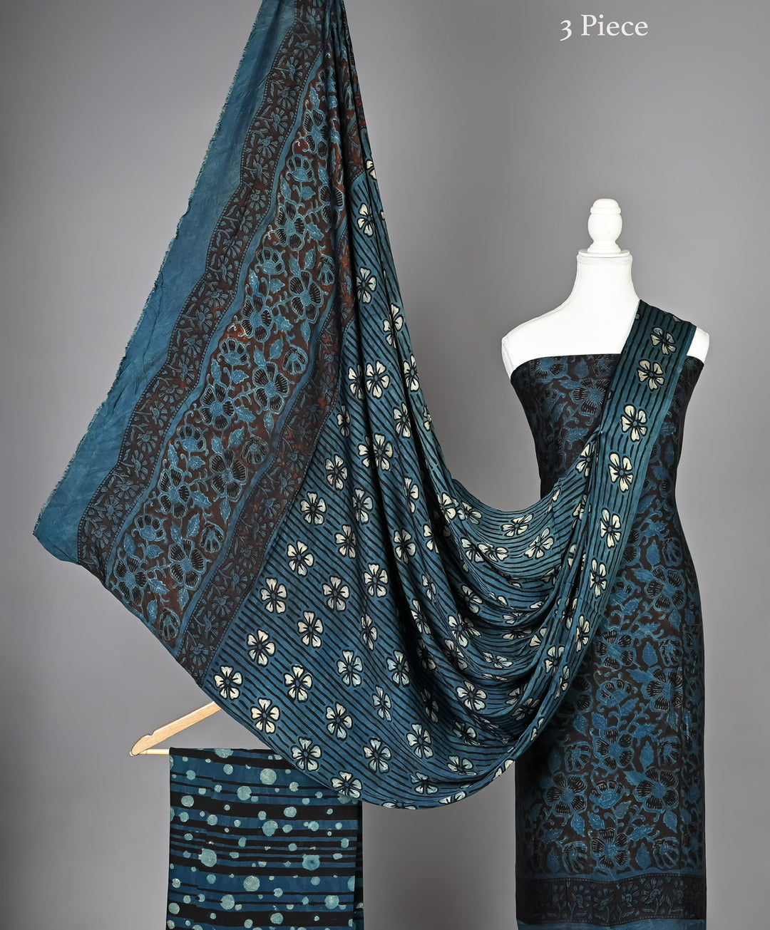 Pure Modal Silk Handblock Floral Floral & Polka Dot Unstitched Suit Material in Indigo Teal & Black