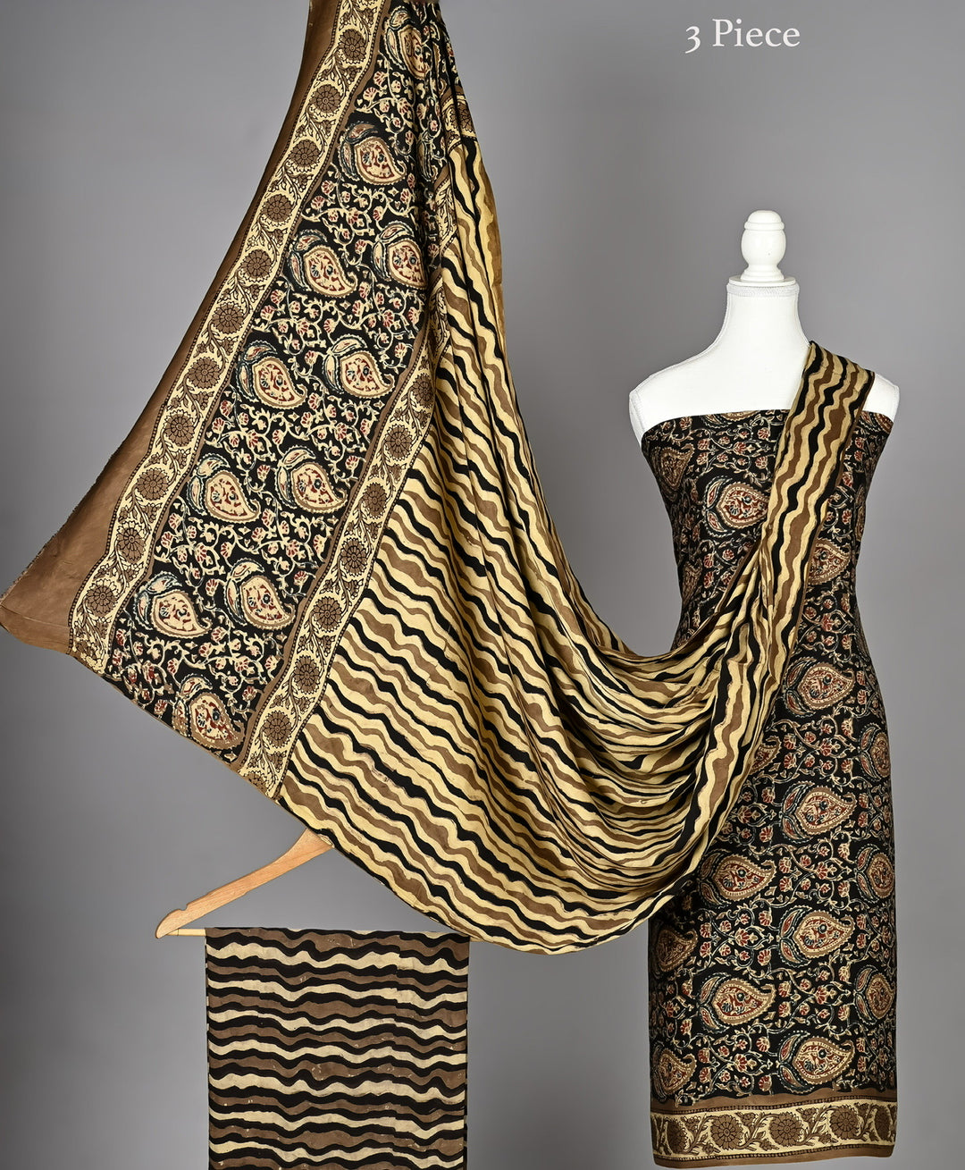 Pure Modal Silk Handblock Print Suit Set in Black & Beige Paisley Motif