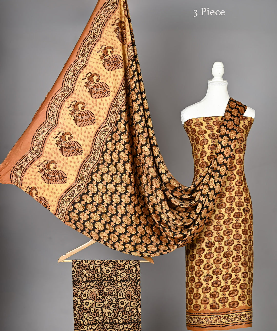 Pure Modal Silk Handblock Print Suit Set in Beige & Mustard Geometric Ring Motif