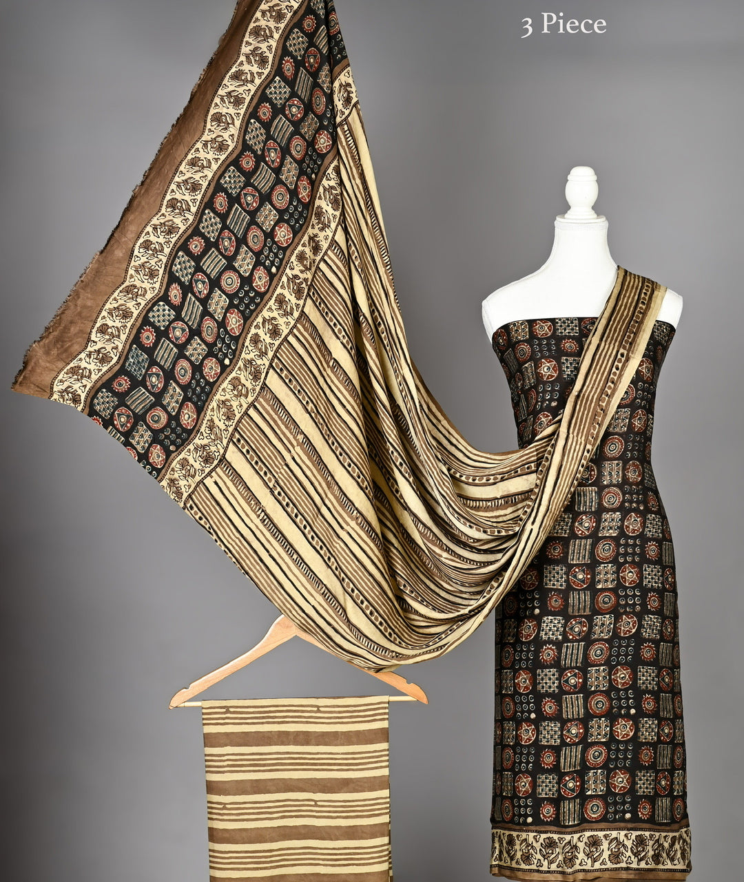 Pure Modal Silk Handblock Print Suit Set in Charcoal Black & Terracotta Geometric Grid