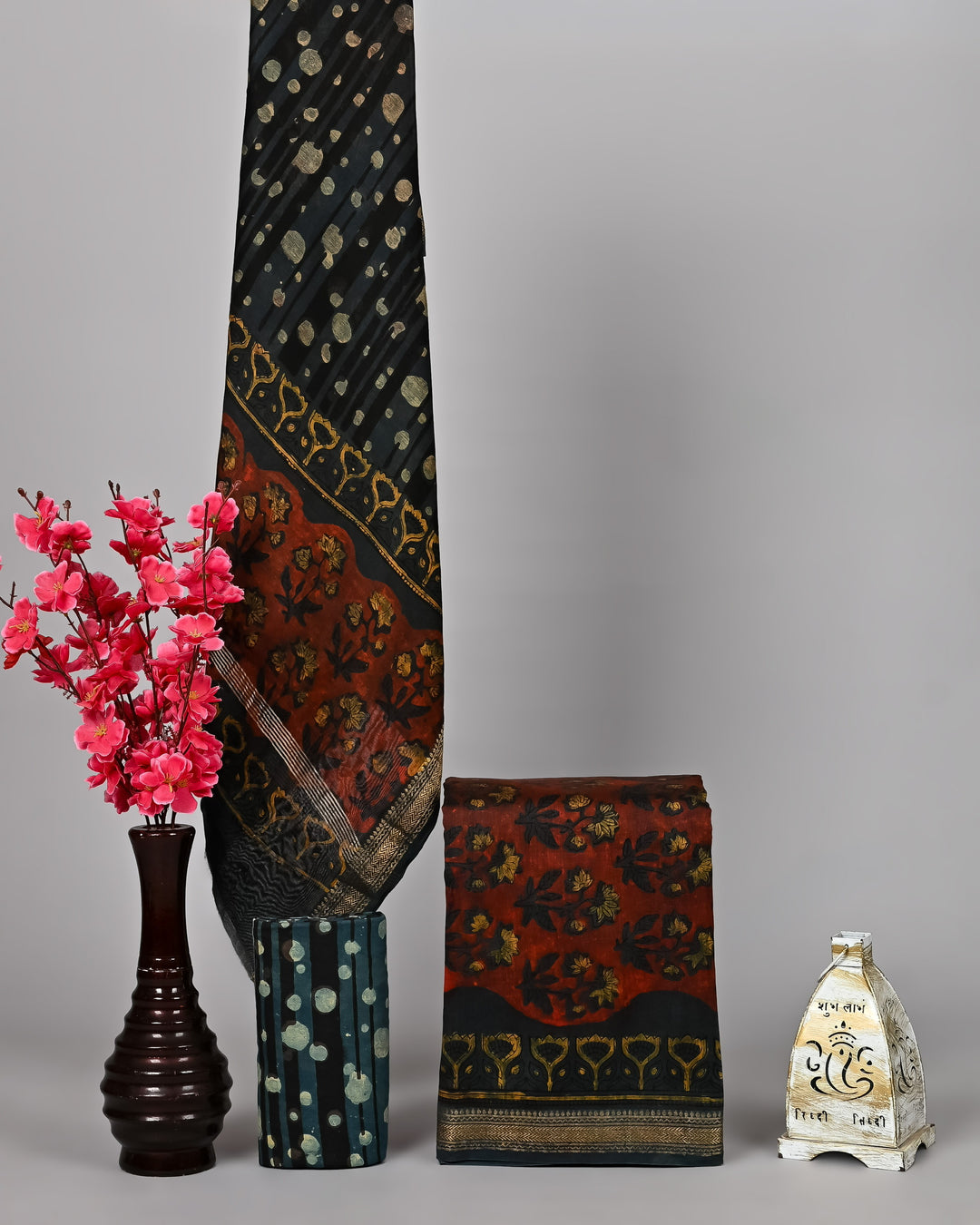 Hand-Block Printed Black & Rust Maheshwari Silk Suit Set in Natural Pomegranate Dye