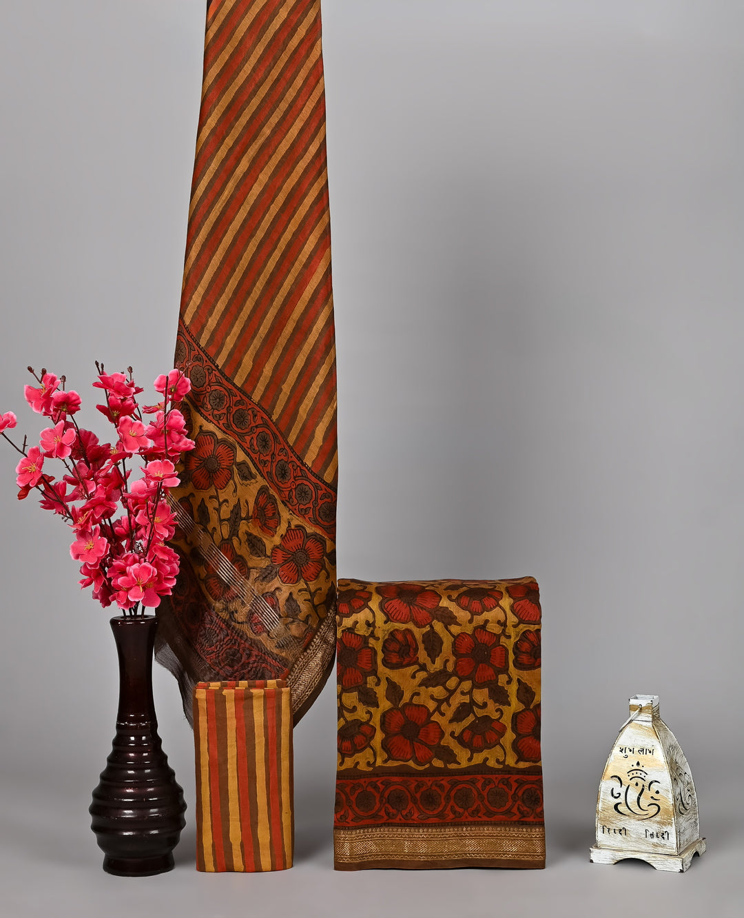Mustard & Rust Floral Hand Block Printed Maheshwari Silk Suit Set with Pomegranate Dye