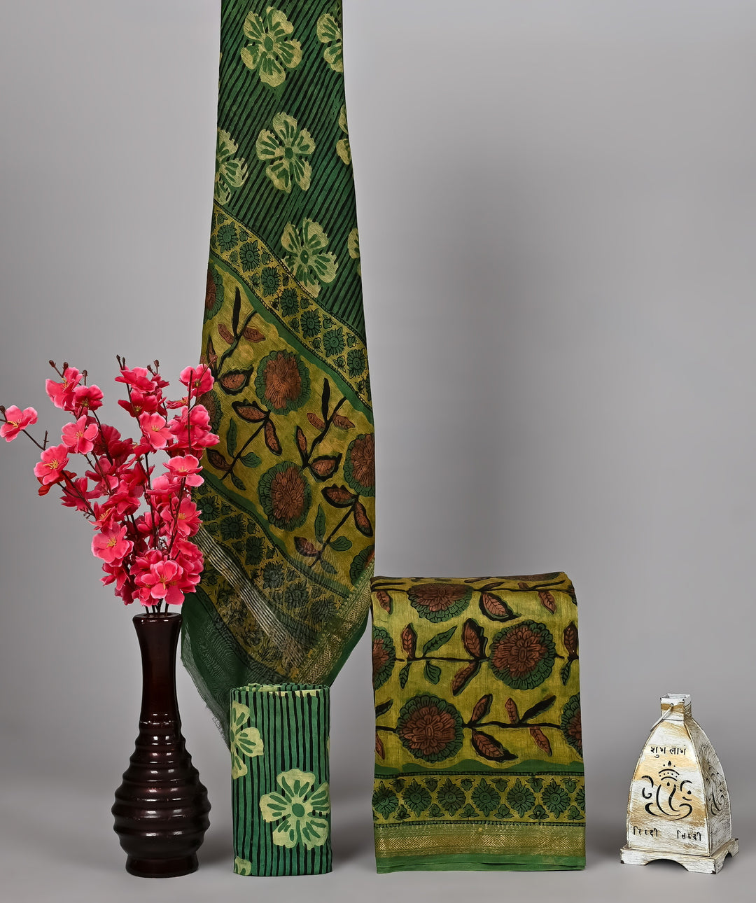 Olive Green & Ochre Floral Maheshwari Silk Suit Set in Eco-Friendly Pomegranate Dye
