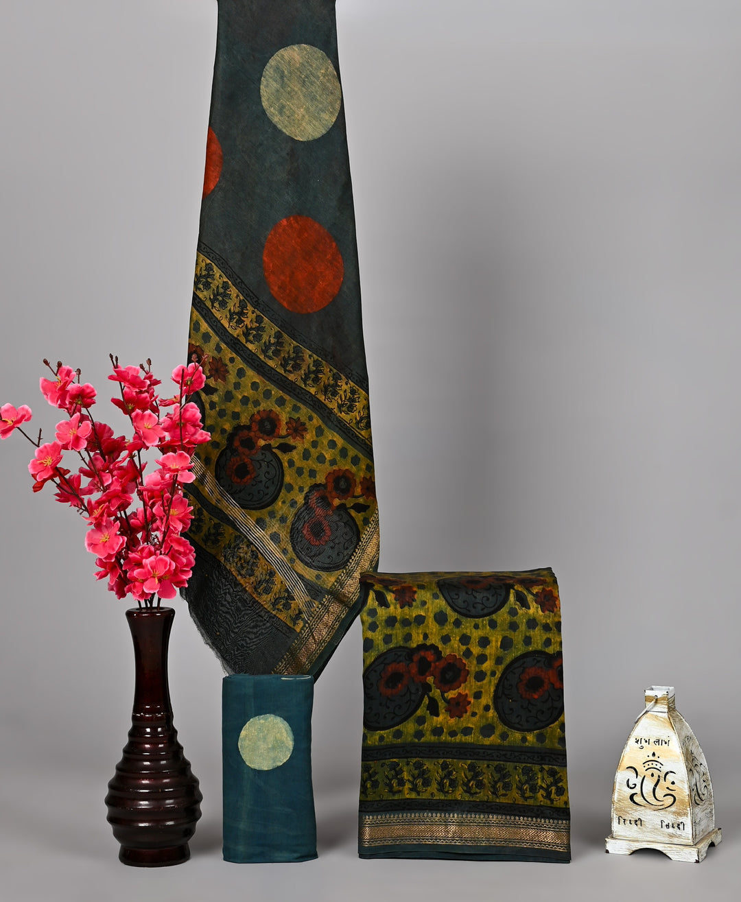 Deep Teal & Ochre Polka Motif Maheshwari Silk Suit Set with Natural Pomegranate Dye