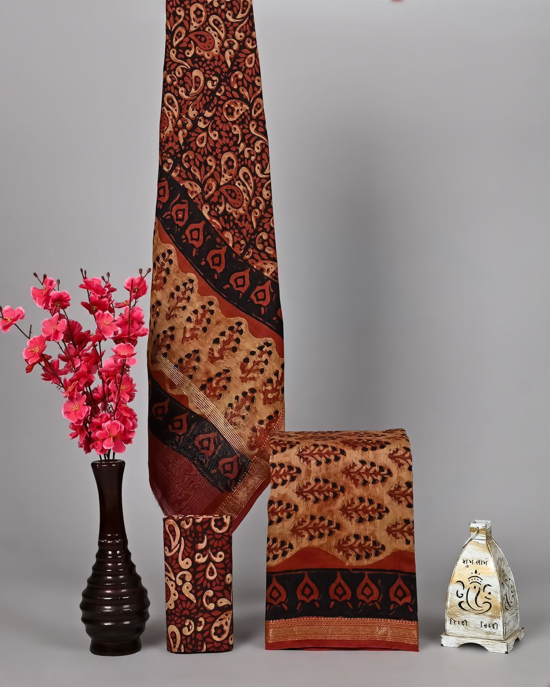 Rust & Beige Paisley Hand-Printed Maheshwari Silk Suit Set in Pomegranate Dye