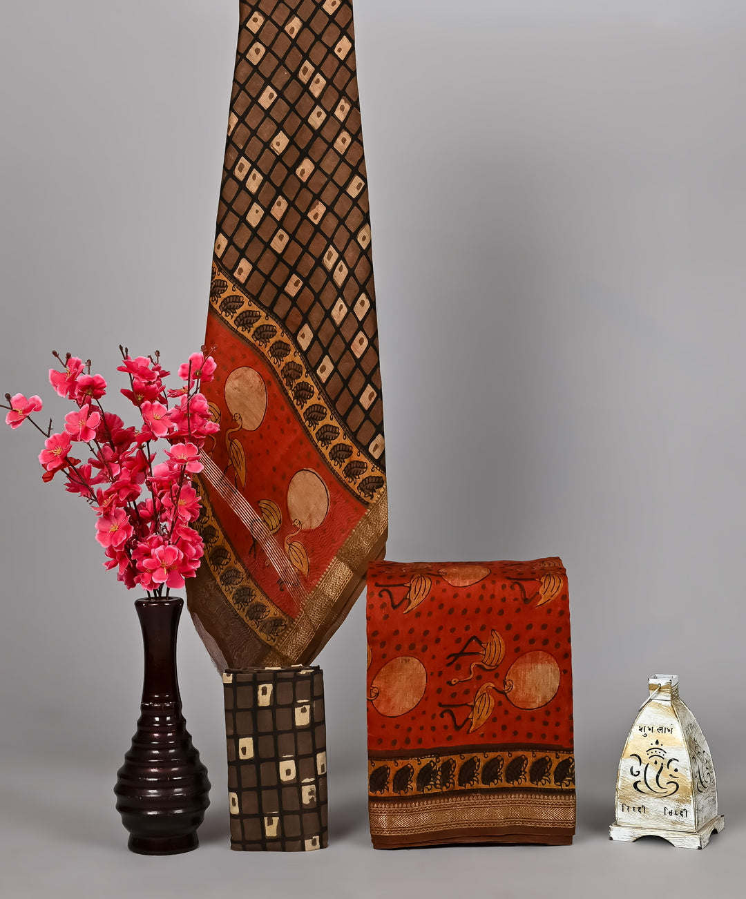 Earth-Toned Geometric & Bird Motif Maheshwari Silk Suit Set with Pomegranate Dye