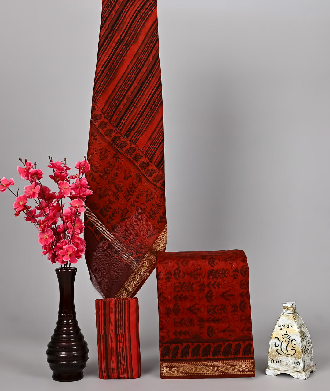 Crimson Red Floral Hand-Printed Maheshwari Silk Suit Set in Natural Pomegranate Dye