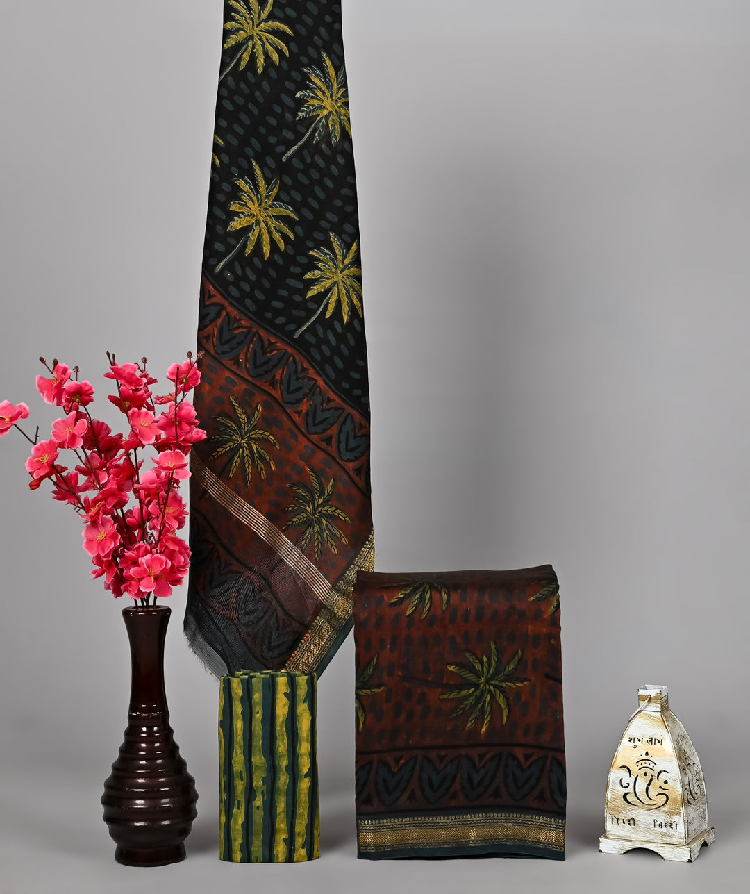 Charcoal & Rust Palm Motif Maheshwari Silk Suit Set with Natural Pomegranate Dye