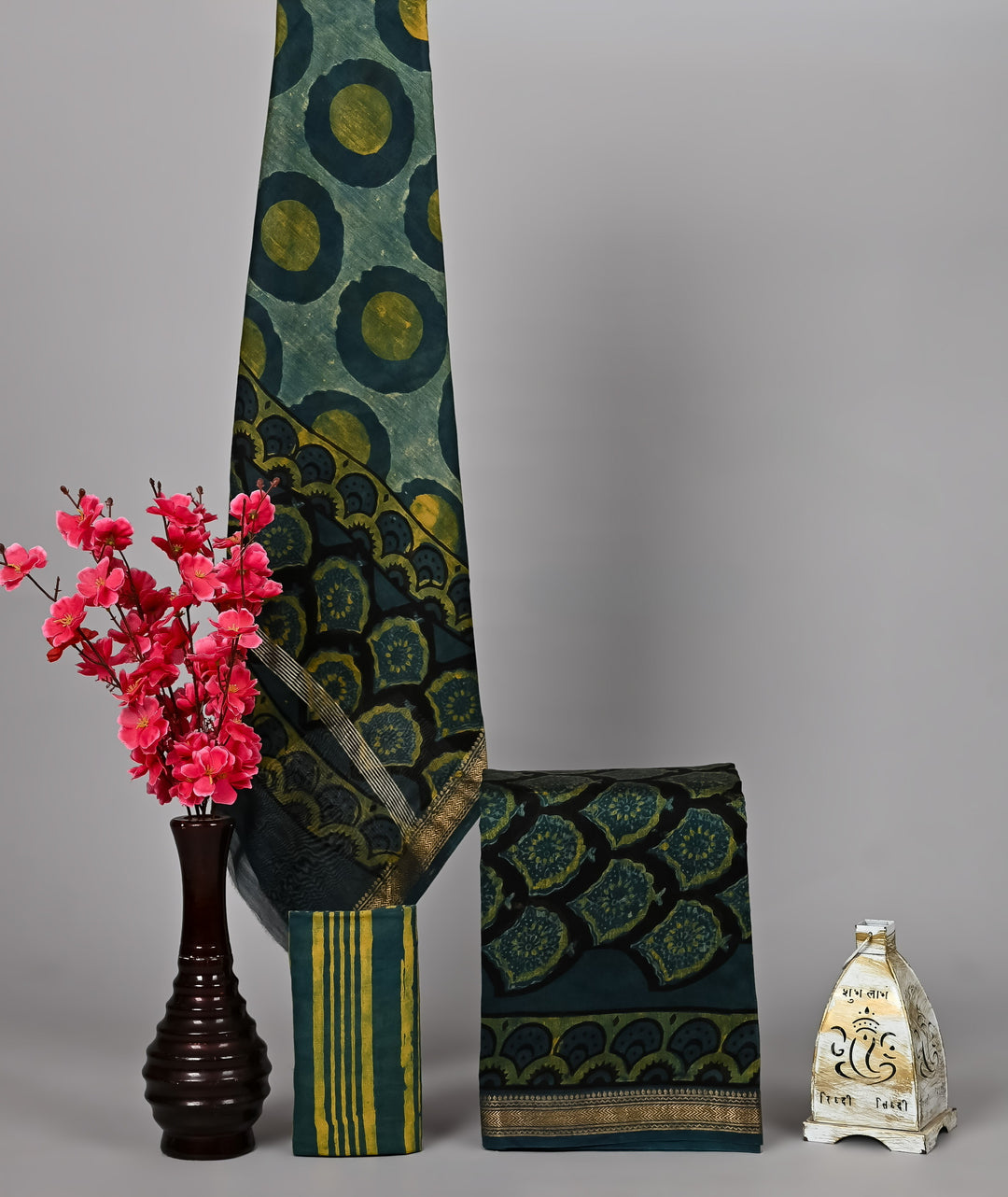 Forest Green & Ochre Scallop Printed Maheshwari Silk Suit Set in Pomegranate Dye