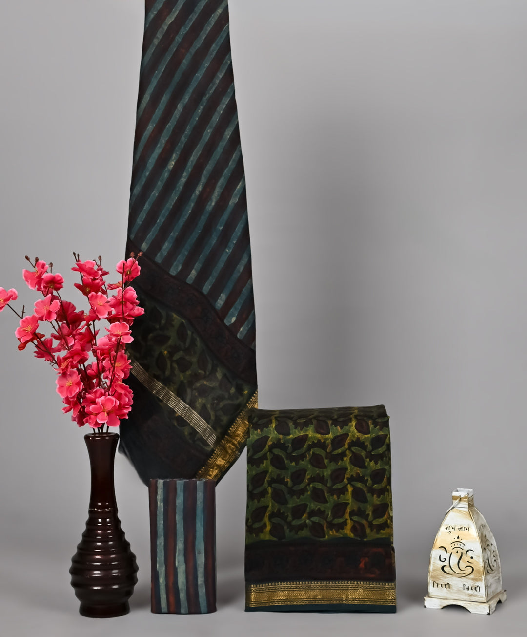 Midnight Olive & Rust Floral Maheshwari Silk Suit Set with Eco Pomegranate Dye